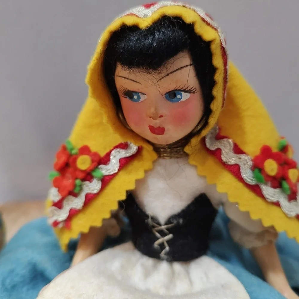 Vintage Folk Costume Doll Basket Pair European Souvenir Wicker Mid Century Decor